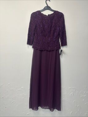 Alex Evenings Plum Long Sleeve Lace & Sequin Evening Gown